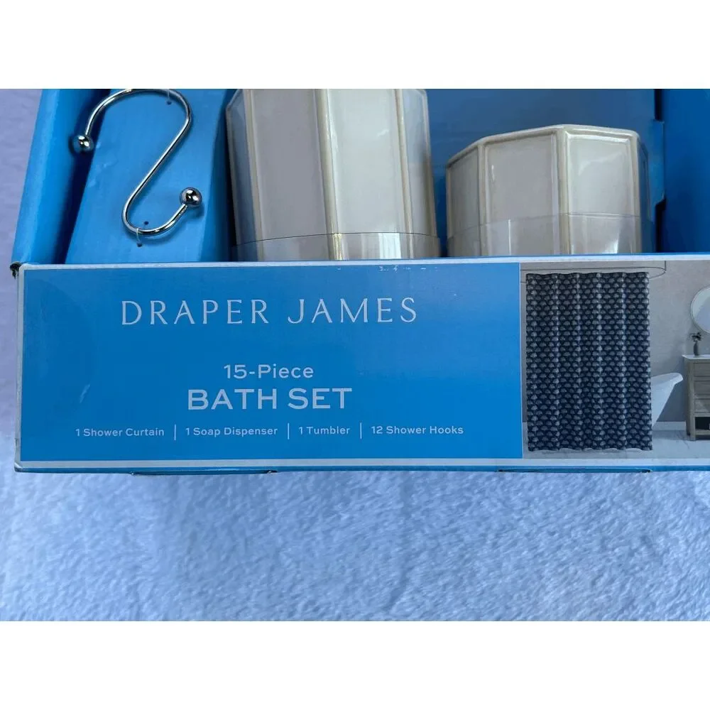 Draper James 15-Piece Bath Set, Shower Curtain & Hooks, Soap Dispenser &Tumbler